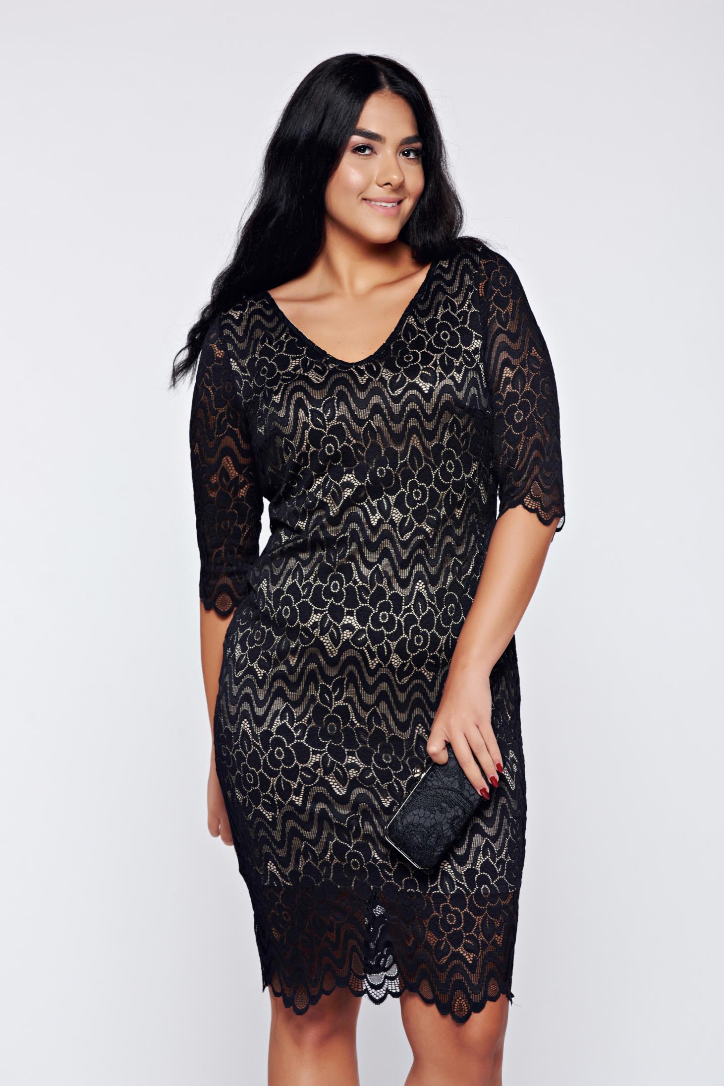 Rochie StarShinerS neagra de ocazie tip creion cu decolteu in v