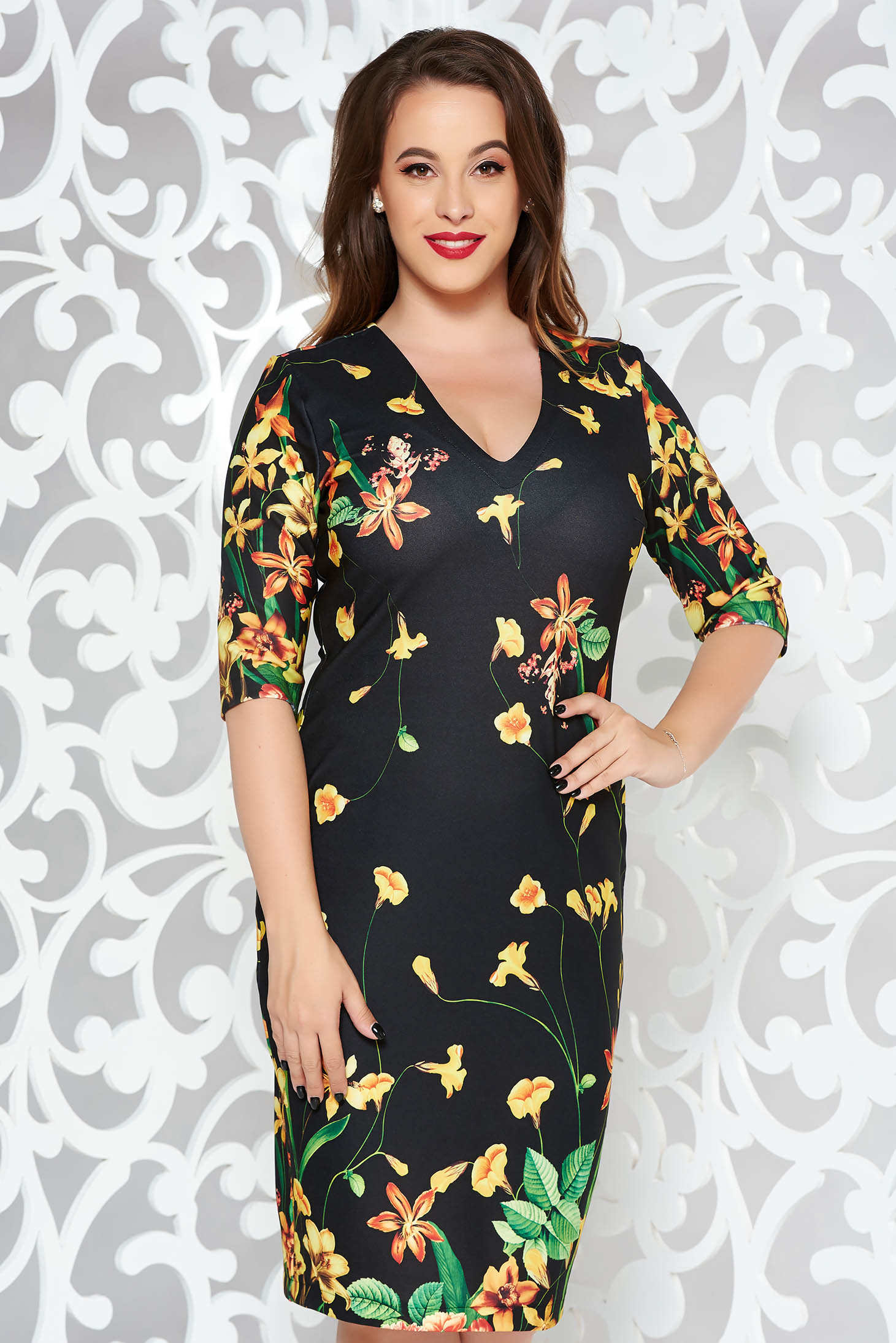 StarShinerS black office midi pencil dress slightly elastic fabric with rounded cleavage
